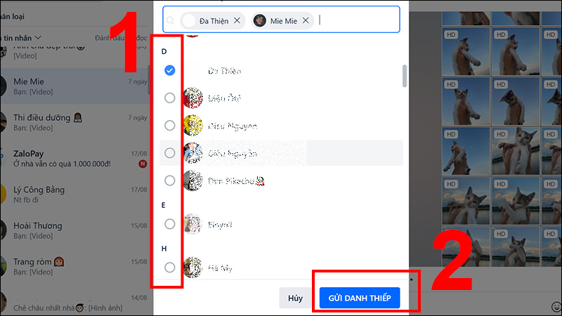 Chọn danh bạ bạn muốn gửi vào hộp chat đó > Nhấn Gửi danh thiếp