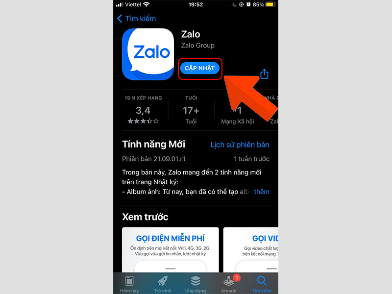 Cập nhật ứng dụng Zalo