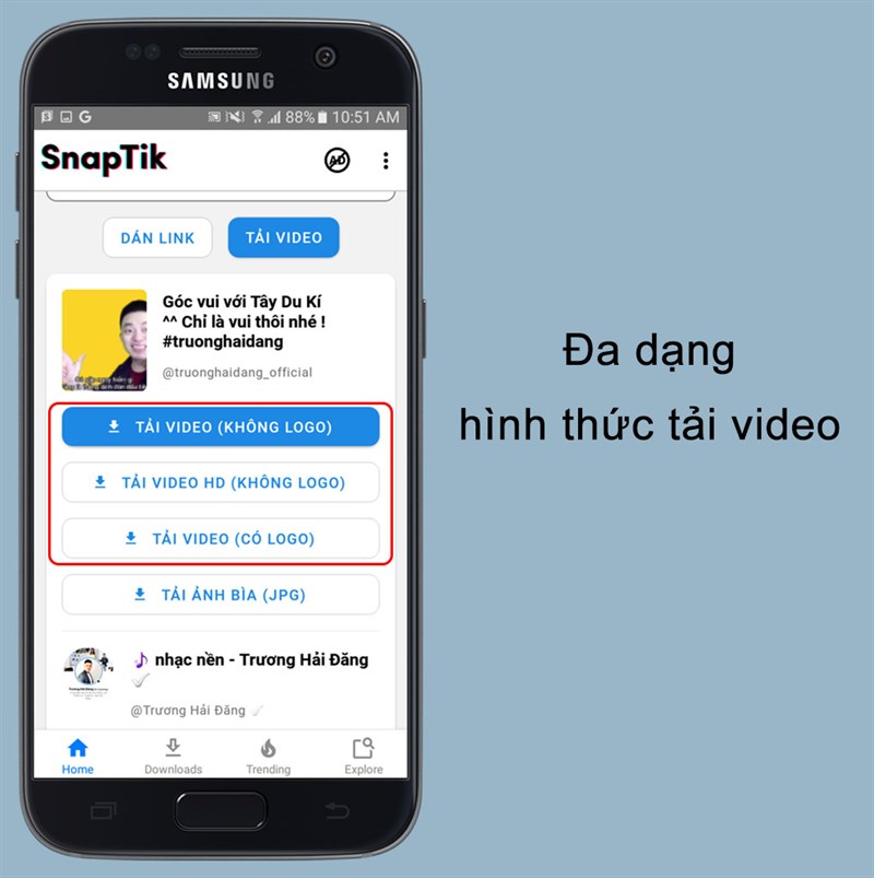 Đa dạng hình thức tải video trên ứng dụng SnapTik
