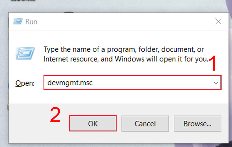 Nhập devmgmt.msc và ô Open để mở Device Manager