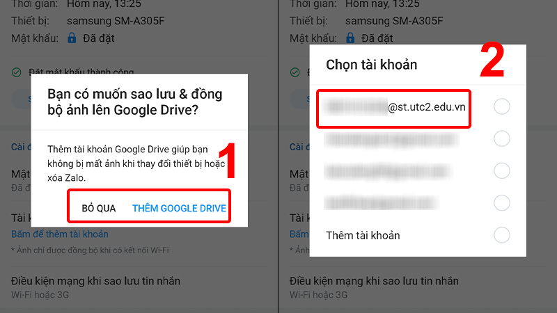 Thêm Google Drive và chọn tài khoản để sao lưu ảnh trên Zalo