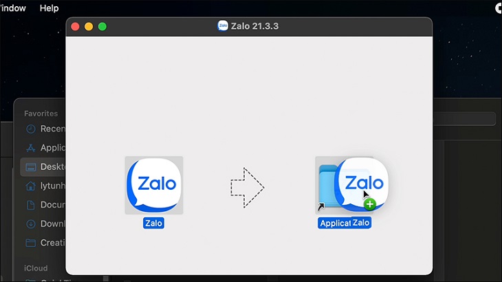 Kéo thả phần mềm Zalo vào Application