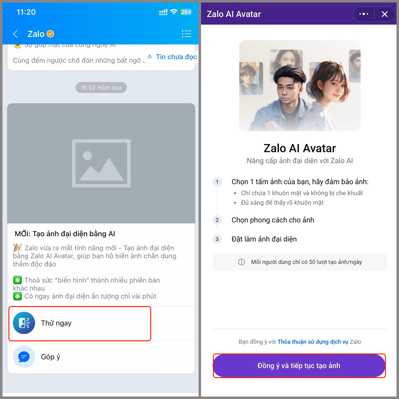 Mở tính năng tạo Avatar AI trên ứng dụng Zalo